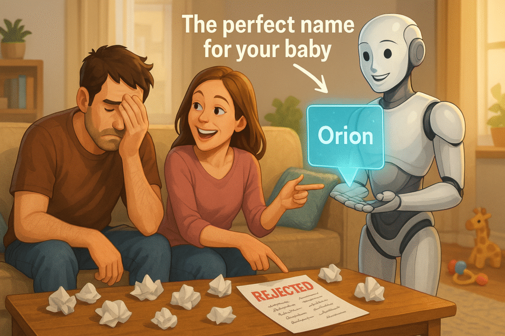 A baby name generator AI suggests the name "Orion" to a frustrated couple in a cozy living room. The mother nudges the father while a friendly robot displays the name on a glowing screen. A rejected baby name list lies on the table.