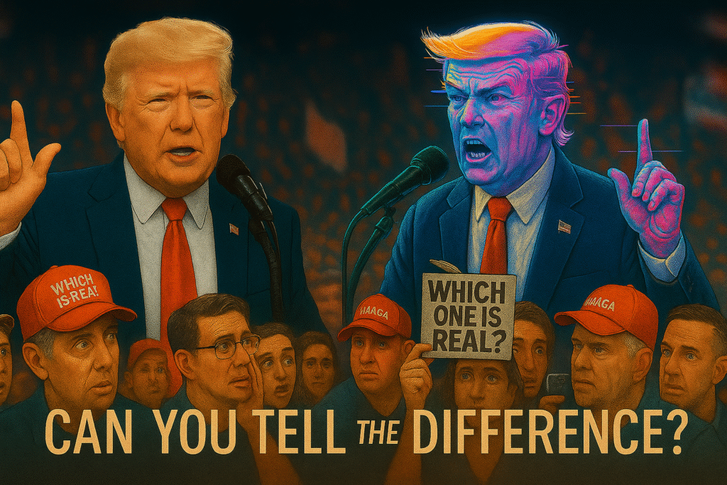 Trump AI voice generator concept: real vs AI Trump giving speeches, crowd confused, caption asks 'Can you tell the difference?