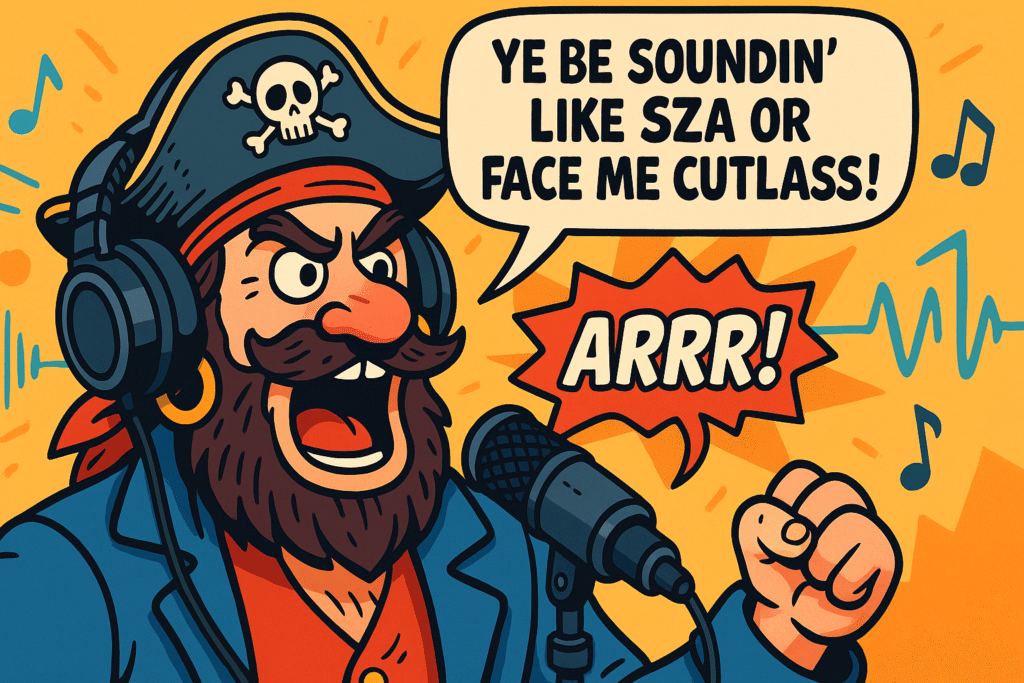 AI pirate voice generator free cartoon – goofy pirate shouting into a mic with the quote “Ye be soundin’ like SZA or face me cutlass!