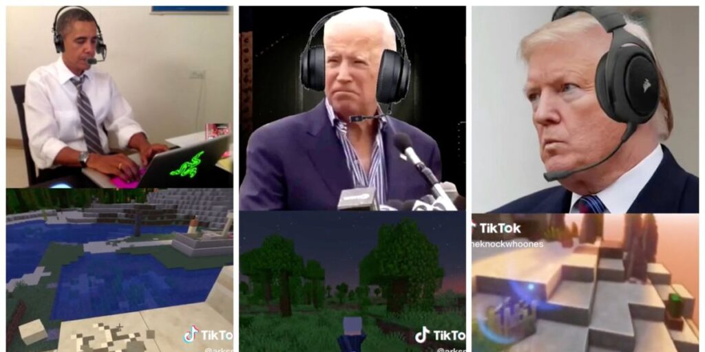 Joe Biden AI voice meme featuring Biden, Trump, and Obama wearing gaming headsets in a parody video game scene from the viral AI Presidents trend.